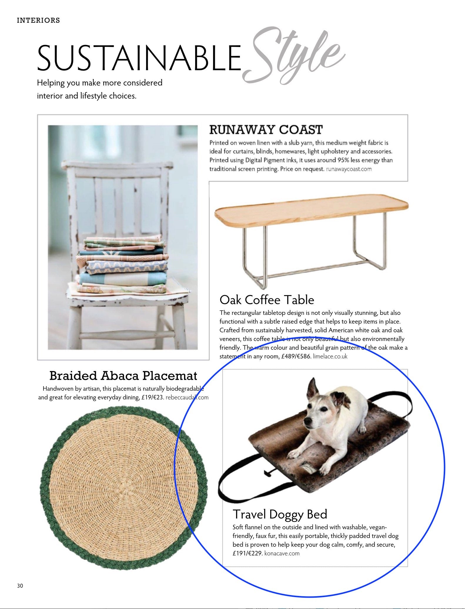 KONA CAVE® luxury folded travel dog bed lined with sustainable faux fur highlighted in Ireland's Home Interiors & Living Magazine