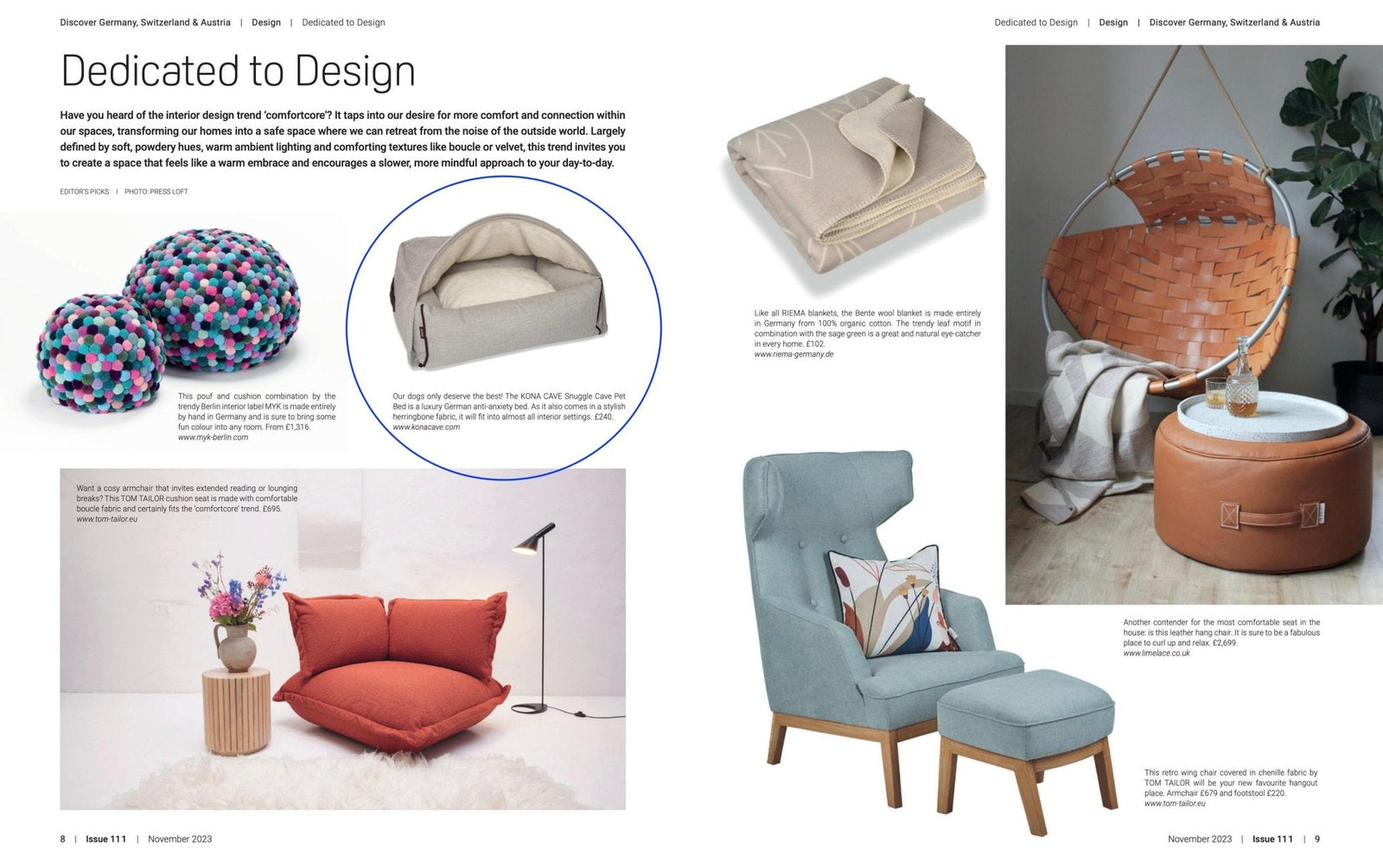 KONA CAVE® Luxury cozy cave cuddle dog bed in cream herringbone. Simply the best.  As seen in Discovery Germany  Magazine.