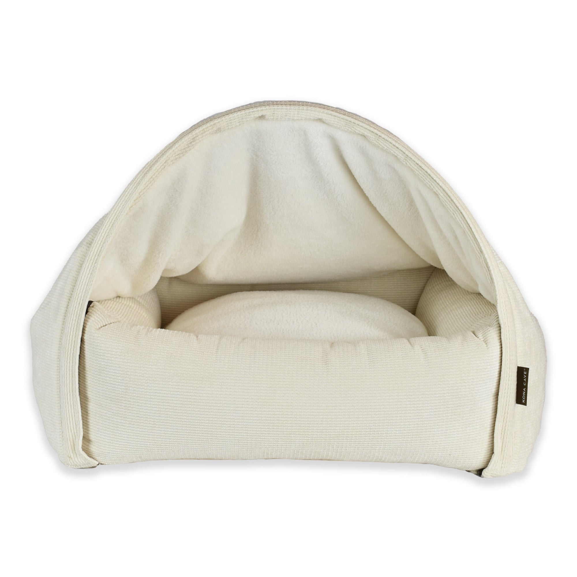 KONA CAVE® luxury canopy cozy cave cuddle bed for medium dogs.  Cream corduroy burrow bed with removable cave top. Superior, patented design.