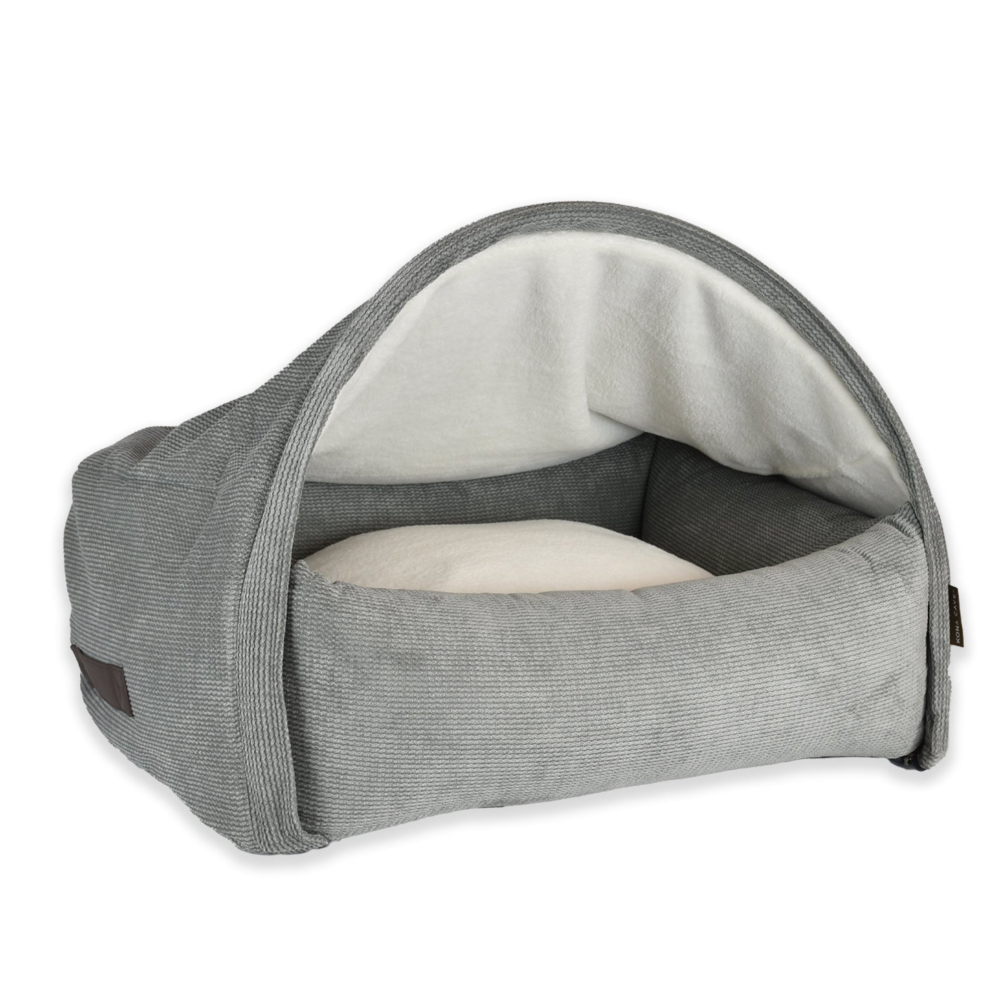 KONA CAVE®  luxury snuggle cozy cave cuddle bed. Grey corduroy burrow bed for dogs and cats who sleep under blanket. Superior Patented design.