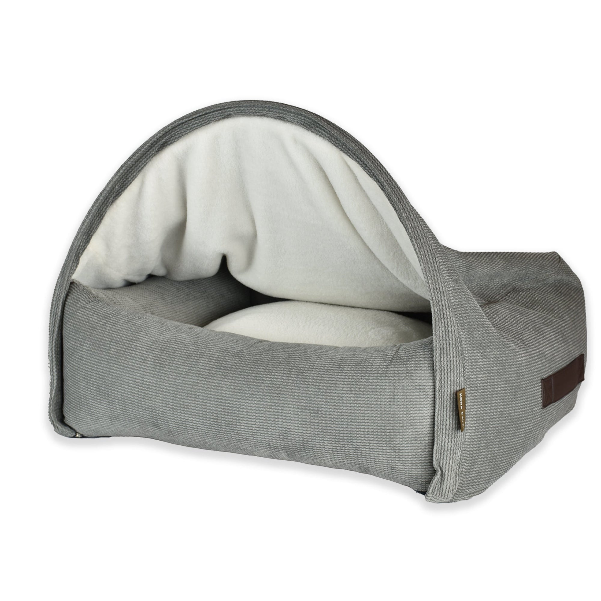 KONA CAVE® luxury snuggle cozy cave cuddle bed. Grey corduroy burrow bed for dogs and cats who burrow. removable canopy cave cover. washable.