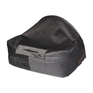 KONA CAVE® Luxury cosy cave den for burrowing dogs and cats in grey velvet with fluffy fleece lining.  Patented back air vent ensures fresh air for pet's safety. 