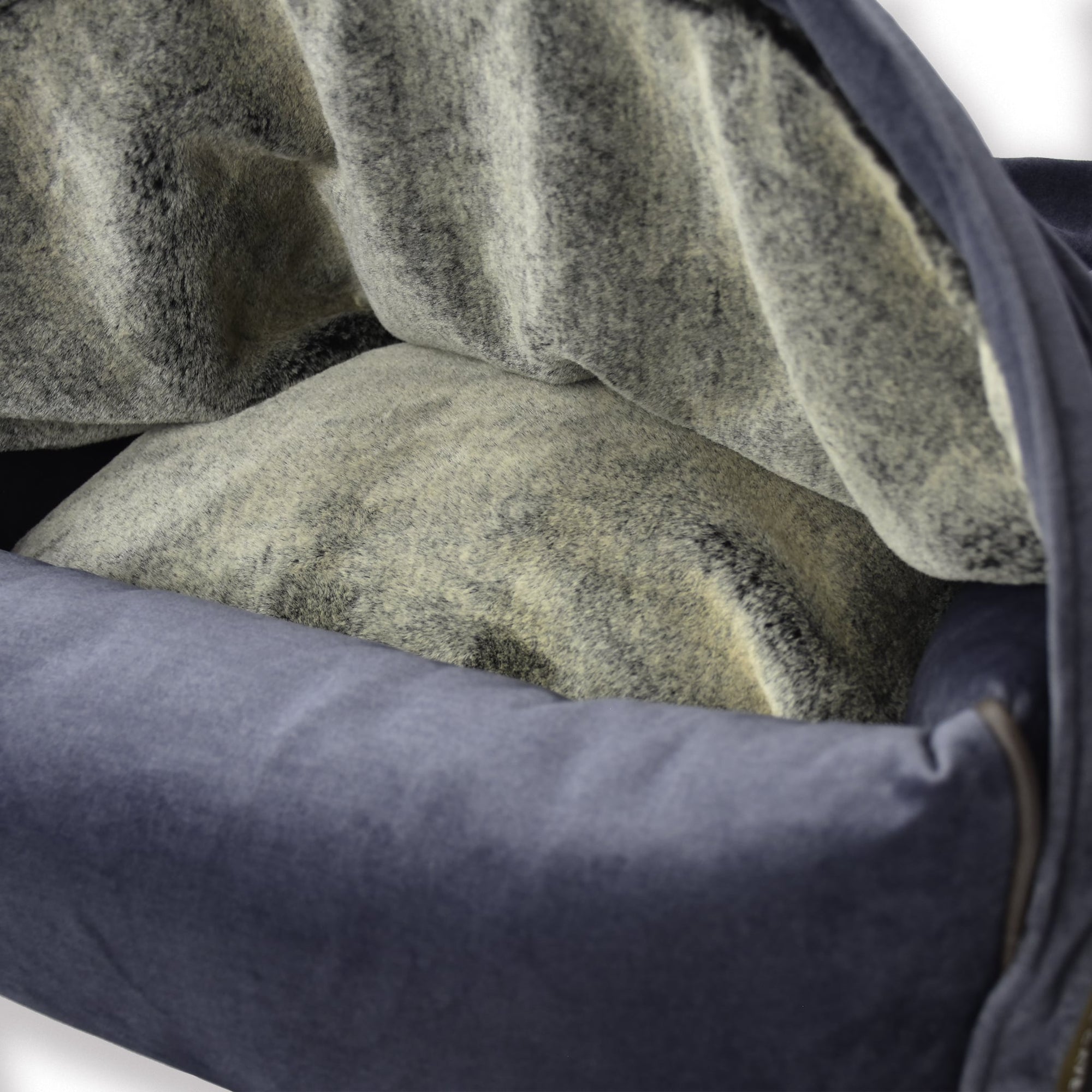 KONA CAVE® ultimate luxury limited edition cozy cave bed  in velvet and lined in super soft, human-grade faux-fur. Gifts for spoiled dogs and cats. warmest pet bed.