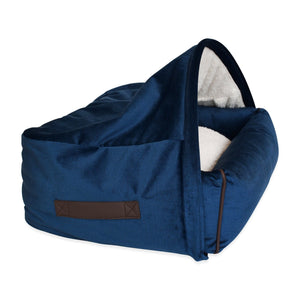 KONA CAVE® Luxury cozy cave den bed for burrowing dogs in blue velvet with fluffy fleece lining and side handles for easy movement