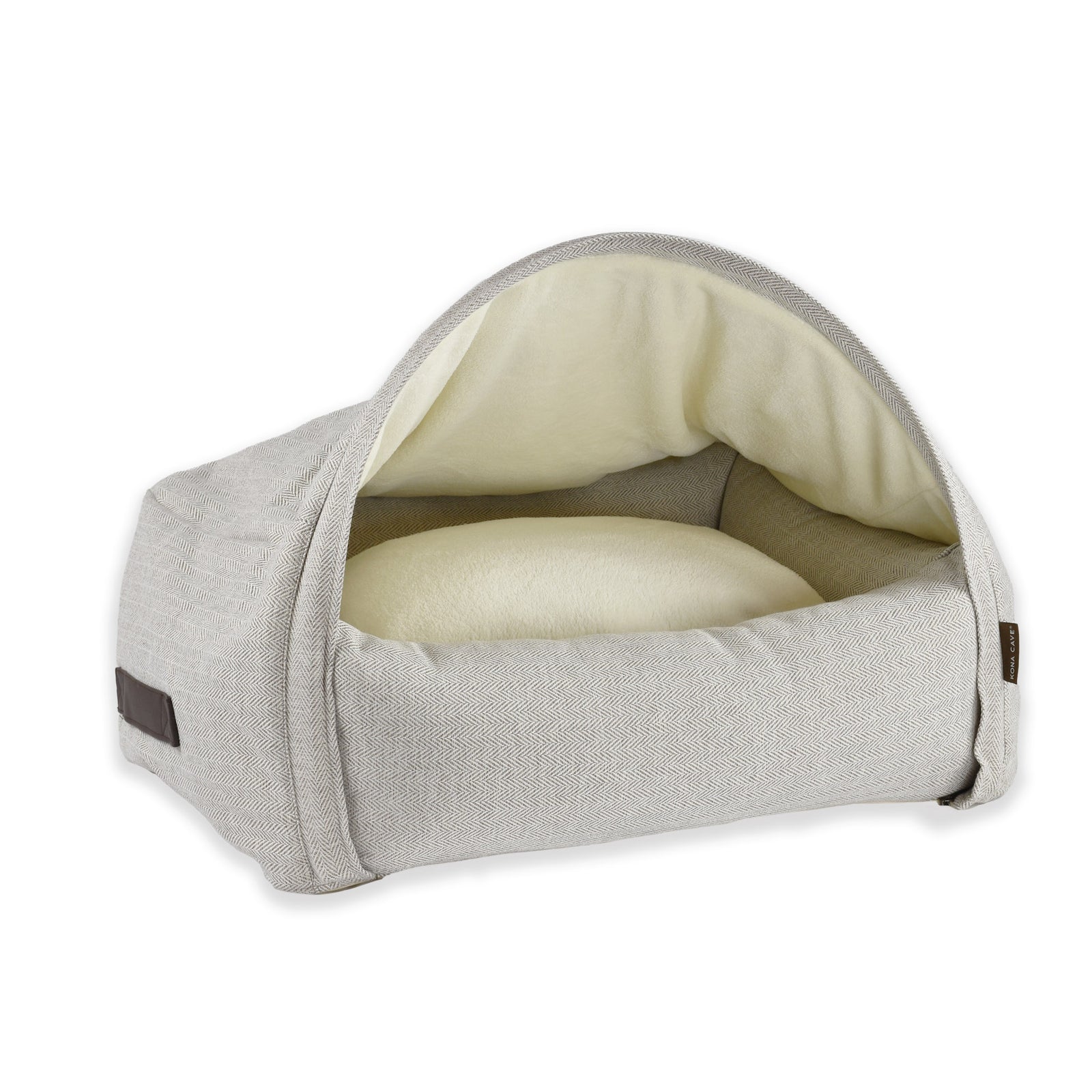 KONA CAVE® luxury dog and cat cuddle cave bed in cream herringbone. Removable cover and support tube. 