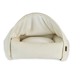 KONA CAVE® Luxury snuggle cozy cave dog and cat bed in cream corduroy with soft fleece lined cozy canopy cover