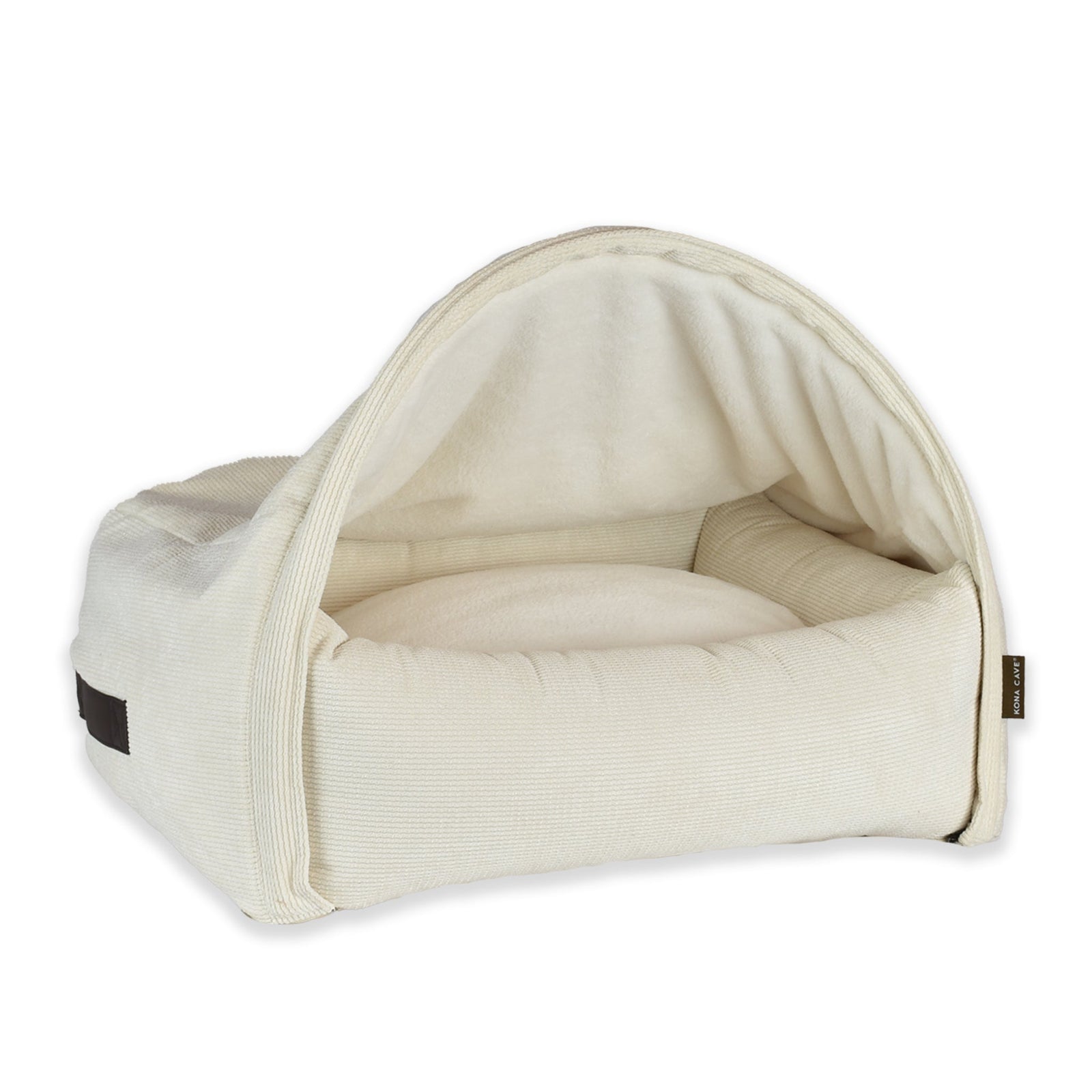 KONA CAVE® Luxury snuggle cozy cave dog and cat bed in cream corduroy with soft fleece lined cozy canopy blanket 