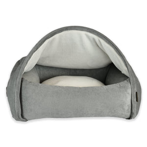KONA CAVE® Luxury snuggle cozy cave dog and cat bed in grey corduroy with soft fleece lined burrow den canopy blanket