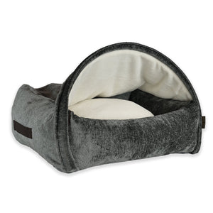 KONA CAVE® Luxury snuggle cozy cave dog and cat bed in grey velvet with soft fleece lined canopy cuddle den
