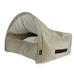 KONA CAVE® Luxury snuggle cozy cave dog and cat bed in light brown velvet with soft fleece lined burrow den bed