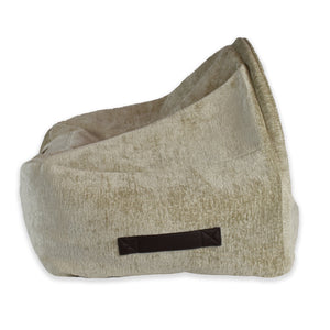 KONA CAVE® Luxury snuggle cozy cave dog and cat bed in light brown velvet with vegan leather side handles to carry