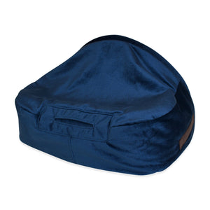 KONA CAVE® Luxury cozy cave den bed for burrowing dogs in blue velvet with fluffy fleece lining with safety air vent