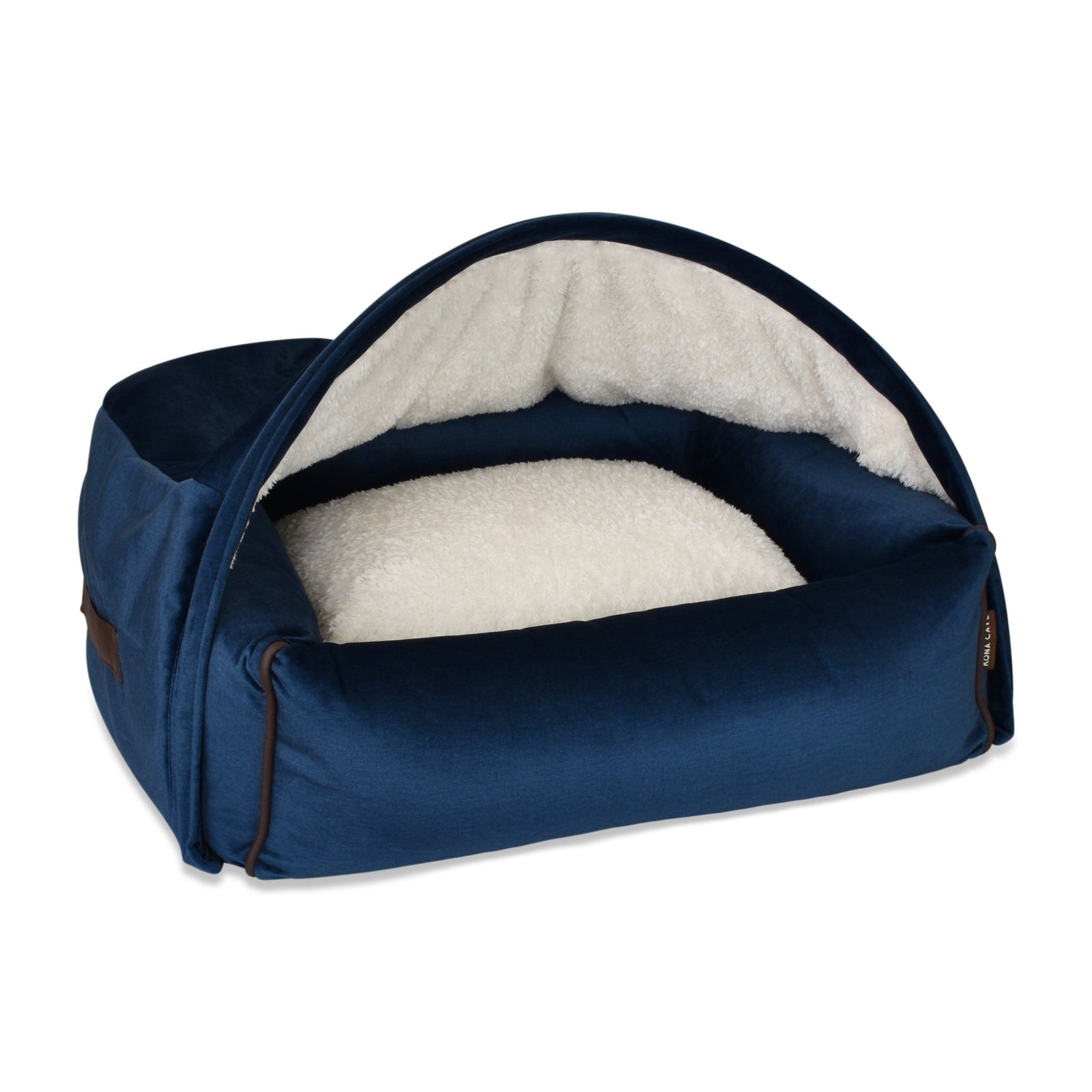 KONA CAVE® Luxury cosy cave den for burrowing dogs and cats in blue velvet with fluffy fleece lining.  Patented design. 