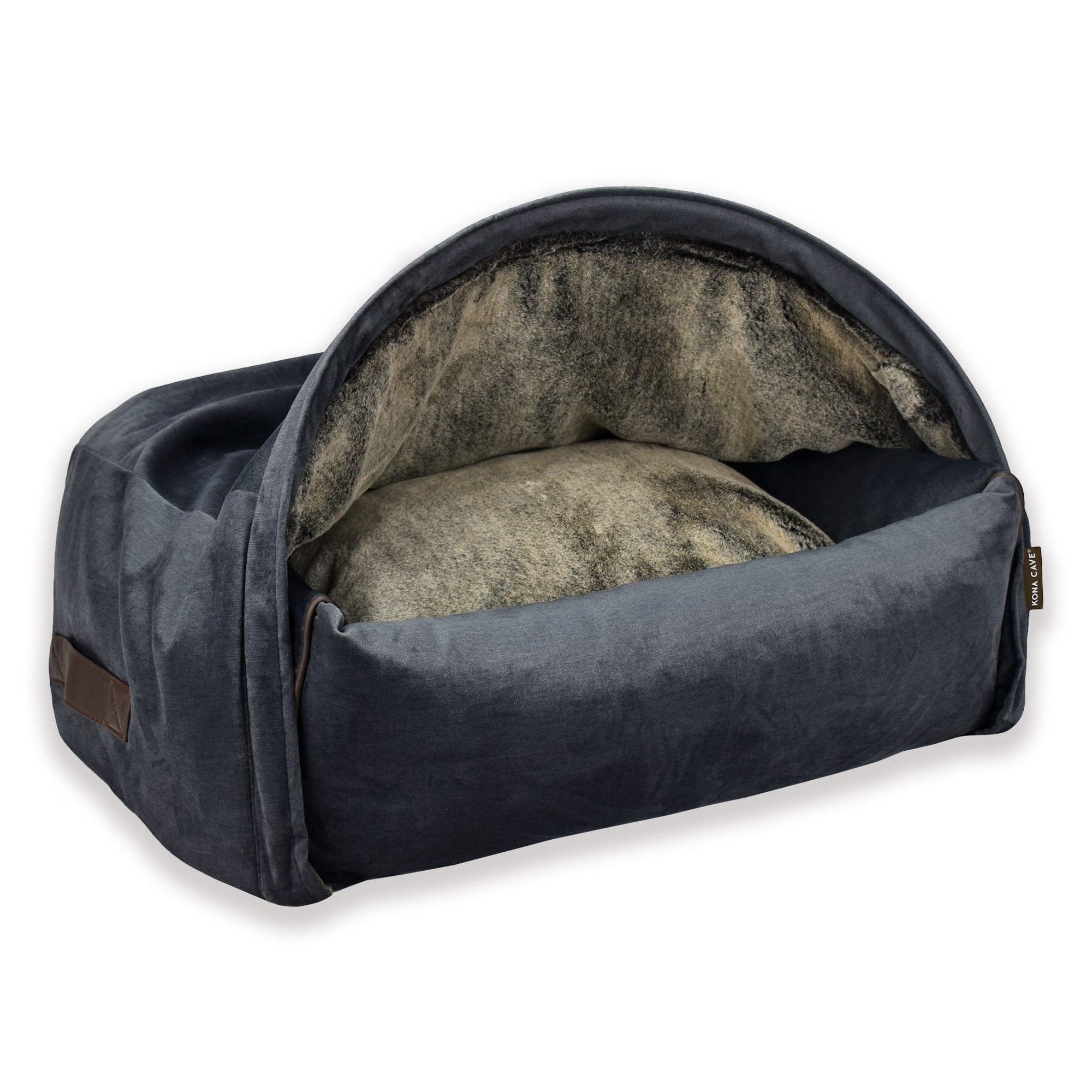 KONA CAVE® ultimate luxury snuggle dog cave bed in grey velvet and lined in super soft, human-grade faux-fur. Most luxurious and warmest pet bed.