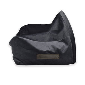 KONA CAVE® ultimate luxury snuggle dog cave bed in grey velvet and lined in super soft, human-grade faux-fur. Gifts for spoiled dogs and cats. Most luxurious and warmest pet bed. Vegan leather handles to move bed easily. 