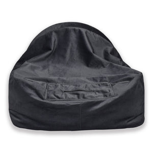 KONA CAVE® ultimate luxury snuggle dog cave bed in grey velvet and lined in super soft, human-grade faux-fur. Patented design has back air vent to regulate the temperature and ensure pets get enough air when under the canopy blanket. 
