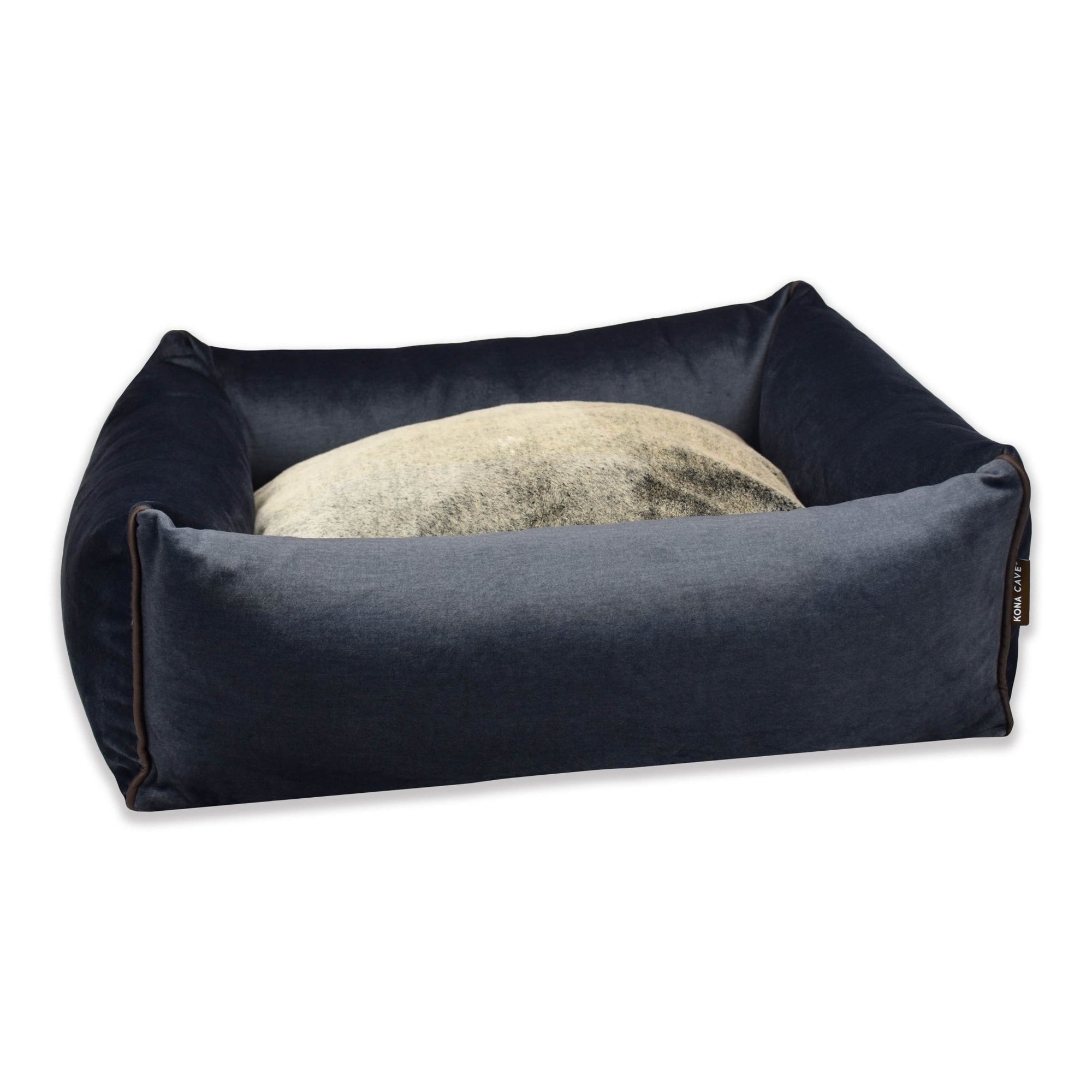 KONA CAVE® ultimate luxury snuggle cave bed in grey velvet and lined in super soft, human-grade faux-fur. photo shows the dog bed when the canopy cover is removed. 