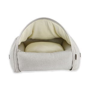 KONA CAVE® luxury cat canopy cuddle cave bed in cream herringbone.  Patented design is stable and safe because it cannot roll over. 