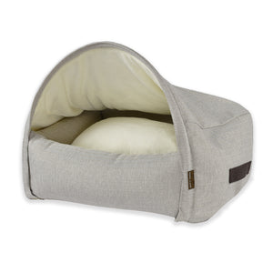 KONA CAVE® luxury dog and cat snuggle cave bed in cream herringbone. Removable cover gives 2 beds in one. 