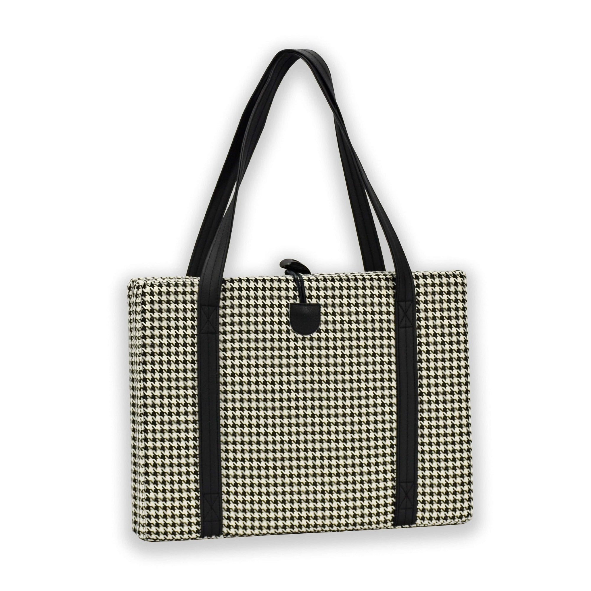 Back of KONA CAVE® luxury Travel Dog Bed in black and white Houndstooth. Folded restaurant dog mat with shoulder straps for easy transportation. 