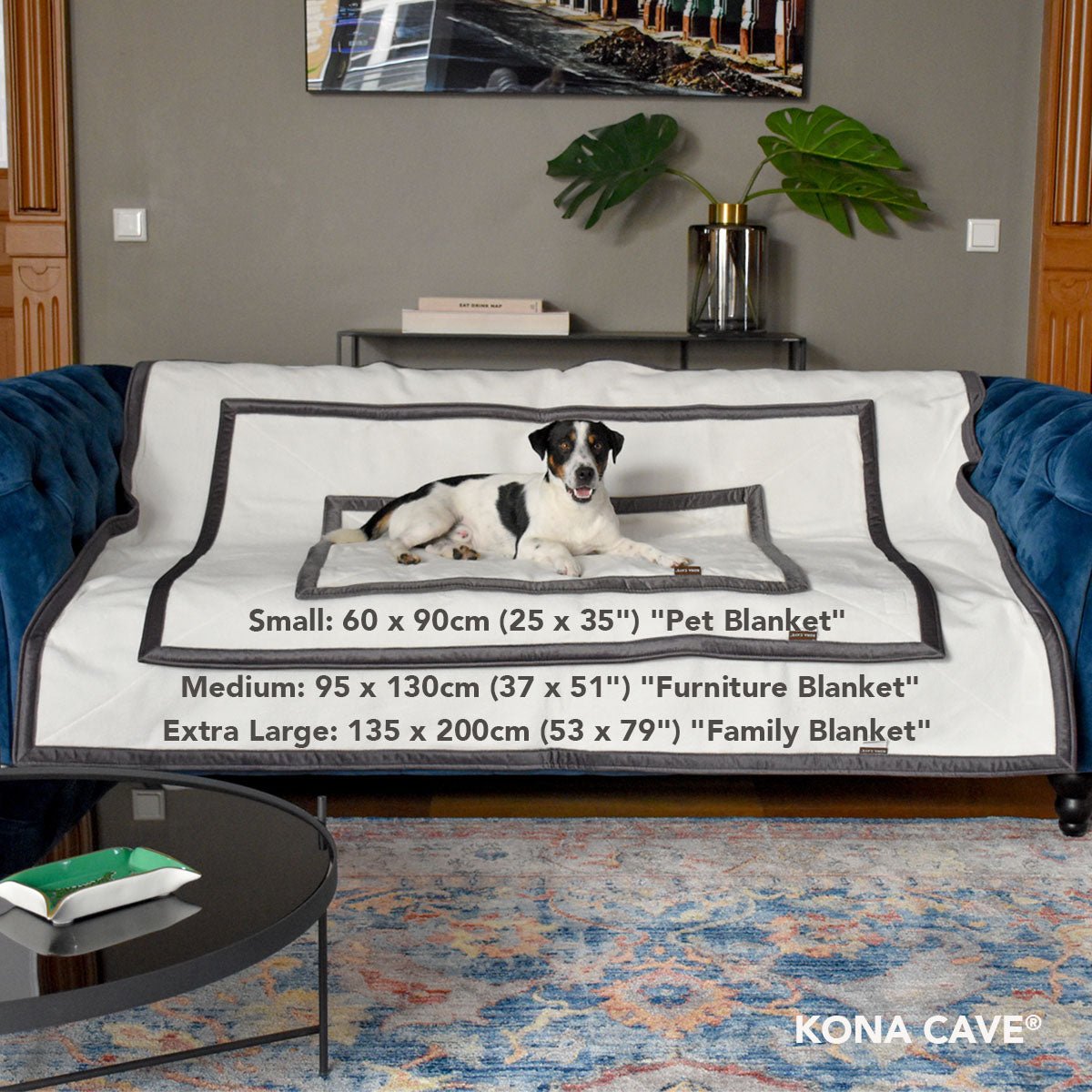 KONA CAVE® luxury weighted pet and people blanket in velvet. 3 sizes. Size comparison chart. 