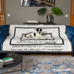 KONA CAVE® luxury weighted pet and people blanket in velvet. 3 sizes. Size comparison chart. 