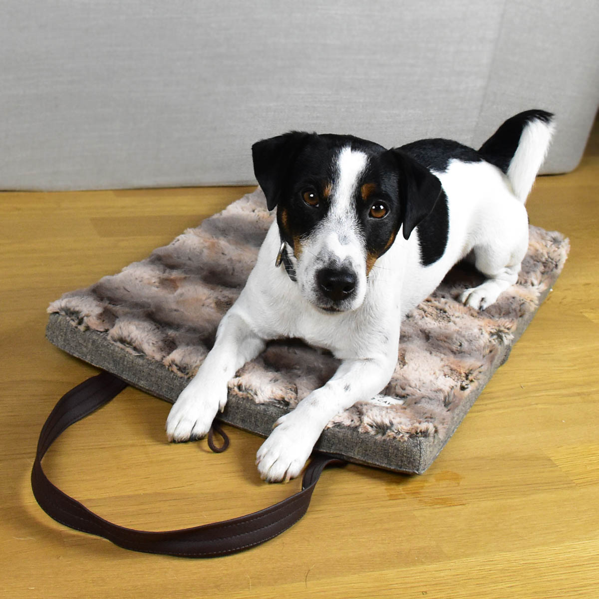 Folded Luxury Travel Dog Bed with washable faux fur lining by KONA CAVE®. Dog bed for restaurants, pubs, cars, hotels. 
