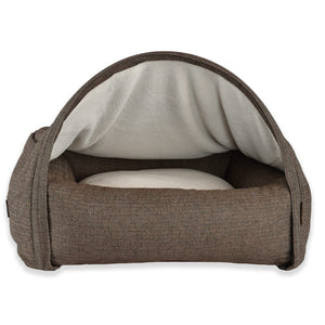 KONA CAVE® Luxury snuggle cozy cave dog and cat bed in brown herringbone with soft fleece lined burrow den 