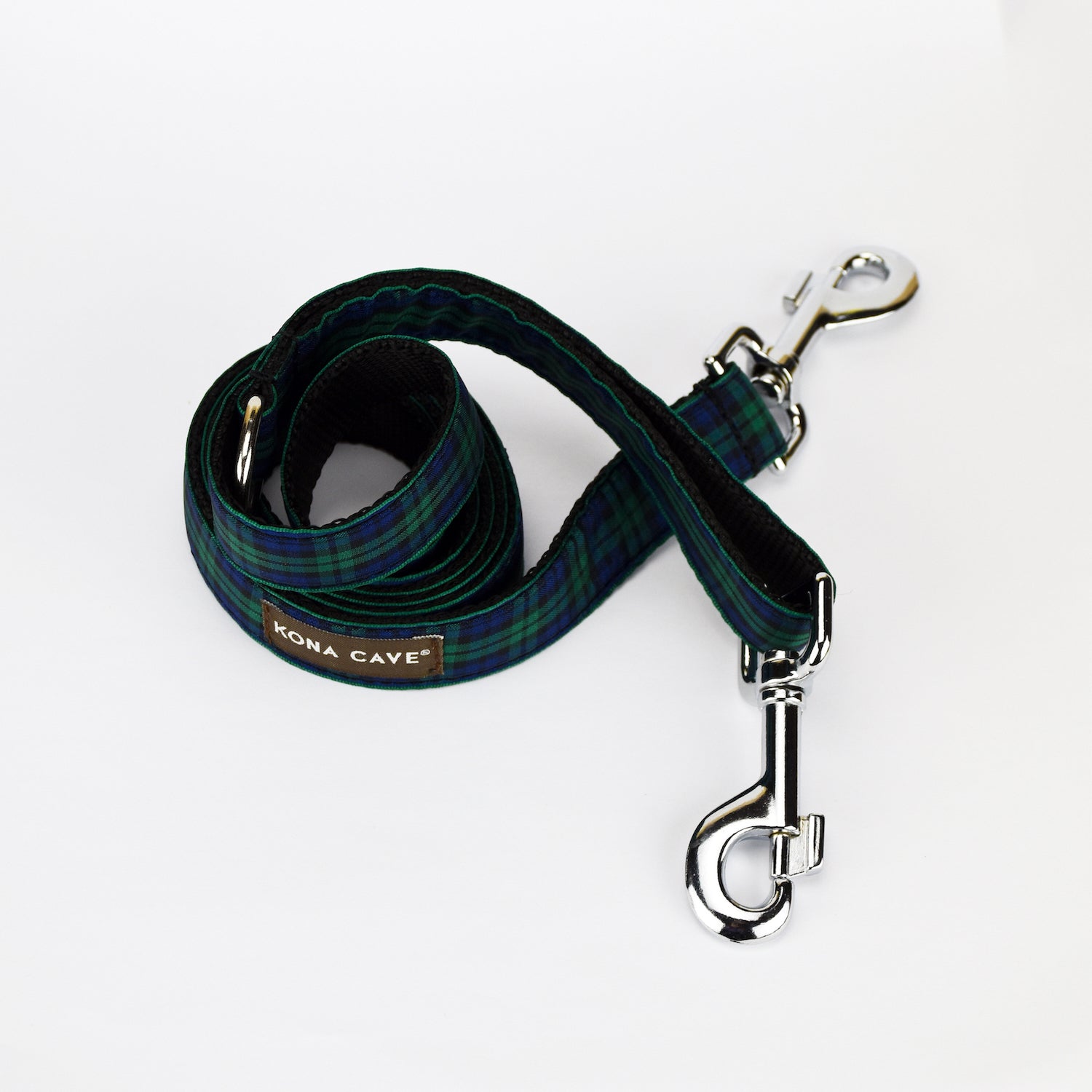 KONA CAVE® Adjustable dog leash. Authentic Blackwatch tartan ribbon in green and bblue on blue nylon leash.  Extra Clip and D-rings to shorten leash or attach poop bags, etc. Light weight and comfortable.