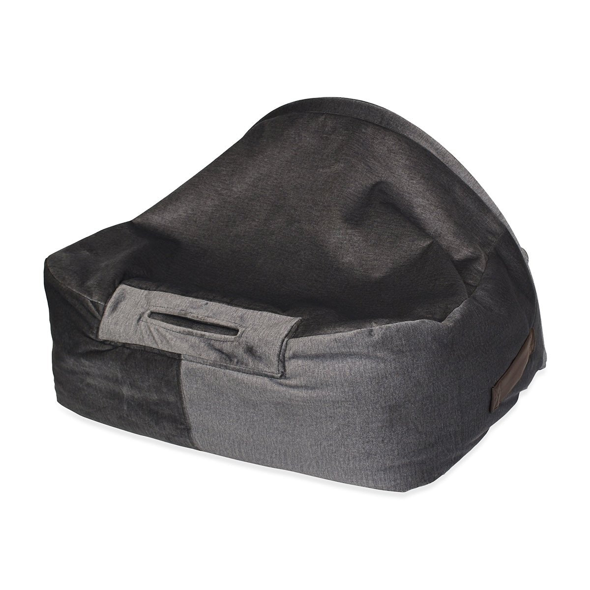 KONA CAVE® Luxury cosy cave cuddle cave den for burrowing dogs and cats in grey velvet with fluffy fleece lining.  Vegan leather handles and decorative piping on the corners.  Beautiful and high-quality luxury clam bed. 