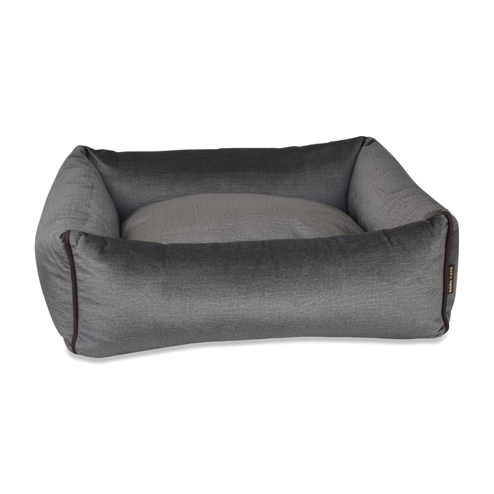 KONA CAVE® gorgeous luxury grey velvet dog bed with decorative vegan-leather piping on corners. Reversible cushion