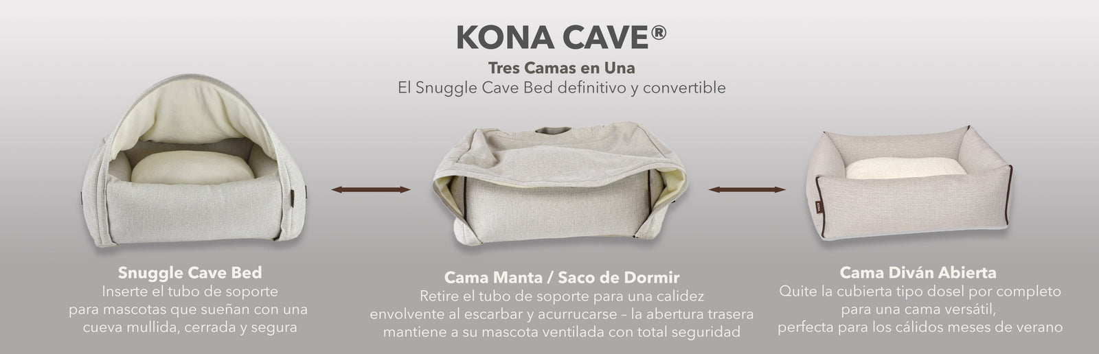 KONA CAVE® 3 en 1 cama cueva de lujo convertible para perros, mostrada en modo cueva, manta y cojín abierto — deja que cada mascota elija su estilo de sueño
