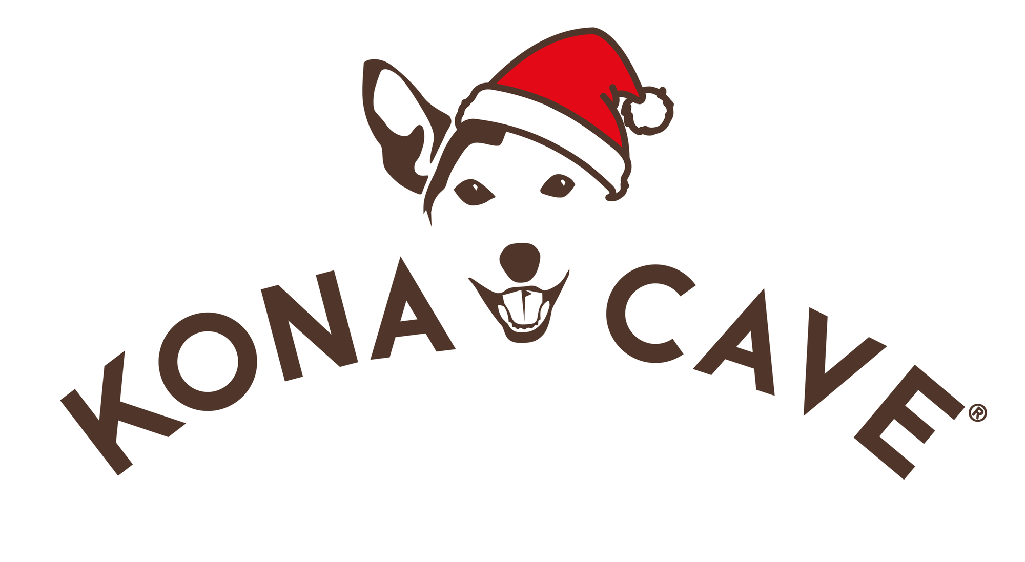 KONA CAVE® luxury dog brand. KONA CAVE® luxury lifestyle pet brand.  Great dog logo. Outline of Jack Russell face of Kona the dog with Santa hat