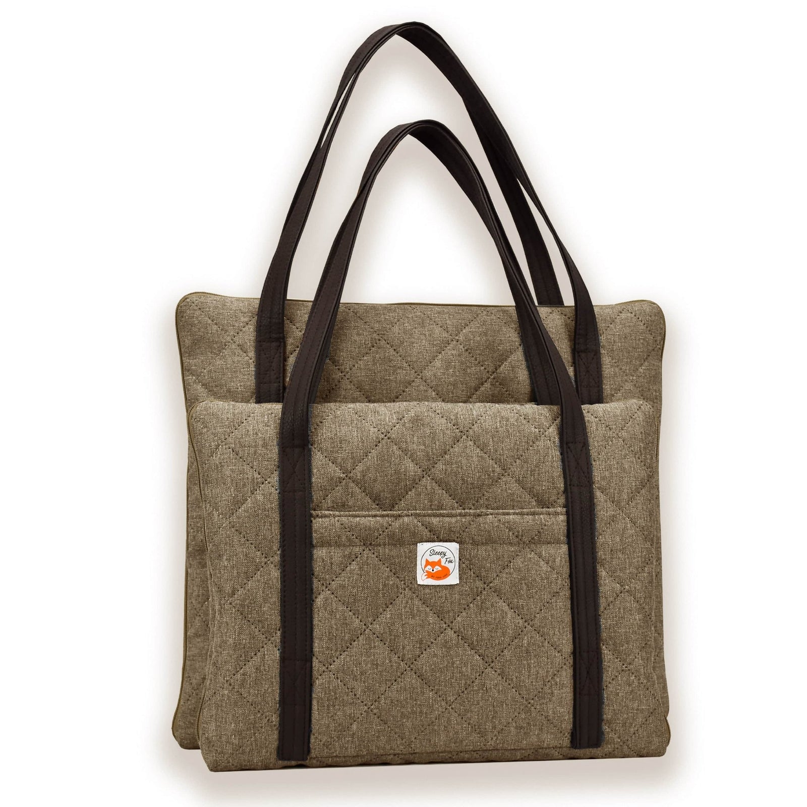 Travel dog bed. Portable dog bed. Folded, zips closed. Carried by long shoulder straps, handles. Ideal for restaurants. Beige. small /medium large. 