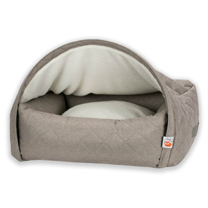 Sleepy Fox® cuddle cave dog / cat cave in quilted beige fabric is  lined with fluffy fleece lining. Superior patented design has a sturdy rectanguar base and a round canopy cover for protection. 
