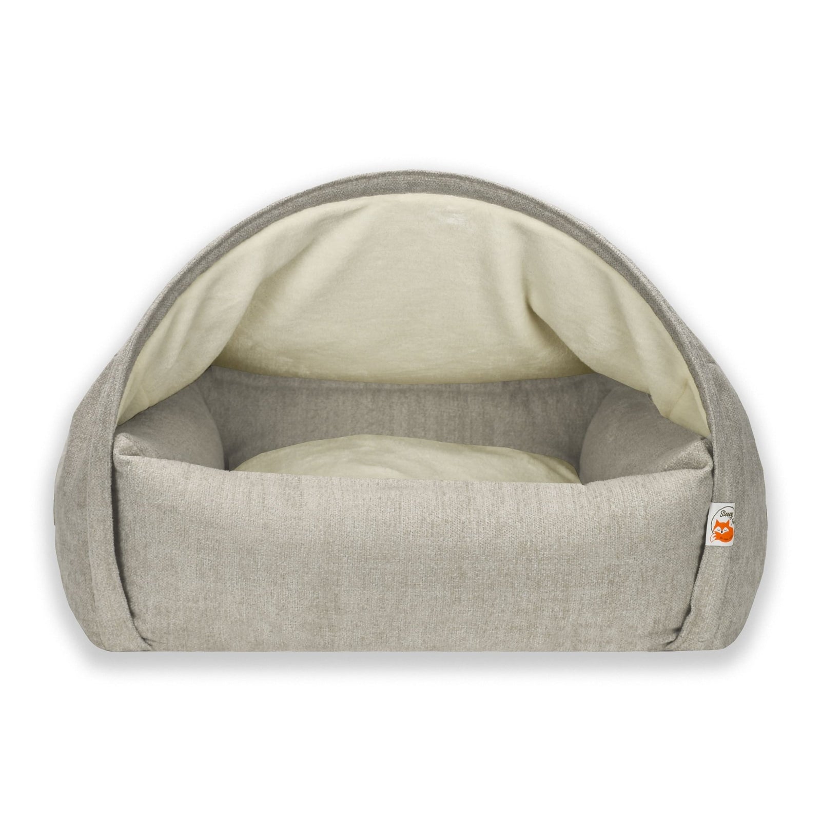 Sleepy Fox® cozy snuggle cave dog / cat bed in cream velvet. Domed dog den for burrowing pets with anti-anxiety canopy cover.