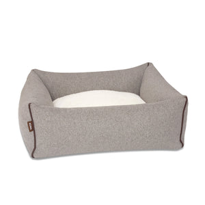 KONA CAVE® luxury dog bed in soft grey flannel fabric with leather trim in Ralph Lauren style