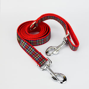 KONA CAVE® red tartan leash. Authentic Royal Stewart Tartan Ribbon on Red nylon leash.  Extra Clip to shorten leash or attach poop bags, etc. Adjustable length nylon and ribbon leash.