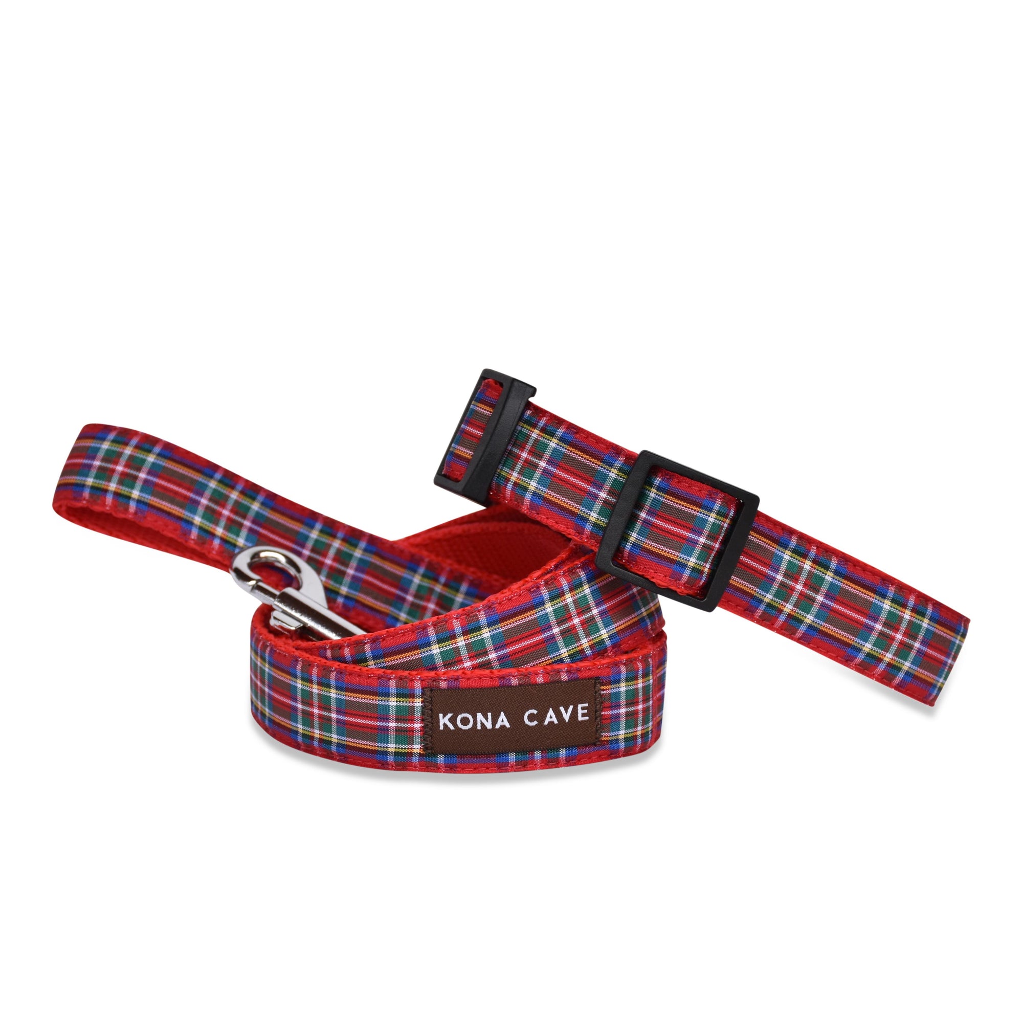  KONA CAVE® red tartan leash and collar. Adjustable length. Authentic Royal Stewart Tartan Ribbon on Red nylon leash.  Extra Clip and D-ring to shorten leash or attach poop bags, etc. 
