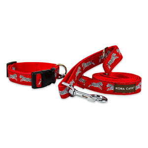 KONA CAVE® Adjustable dog collar and leash. Zebras with red ribbon on red nylon leash.  Extra Clip to shorten leash or attach poop bags, etc. Light weight and comfortable.