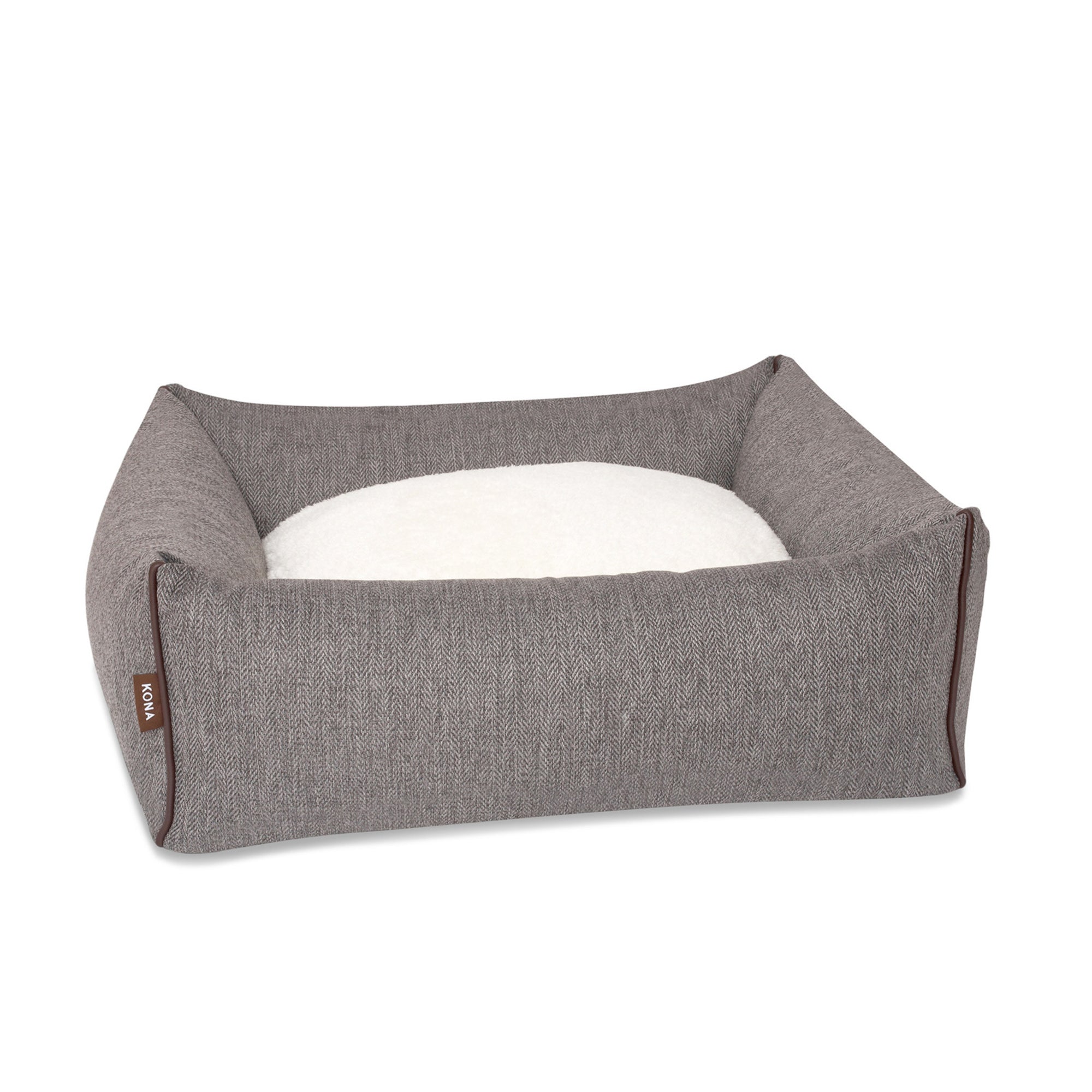 KONA CAVE® luxury dog bed in elegant herringbone fabric with leather trim.  Graues Hundebett.