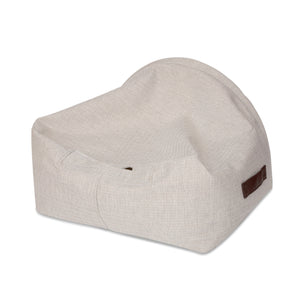 KONA CAVE® designer Snuggle Cave dog bed in cream herringbone fabric with leather trim.  Hund Höhlenbett.