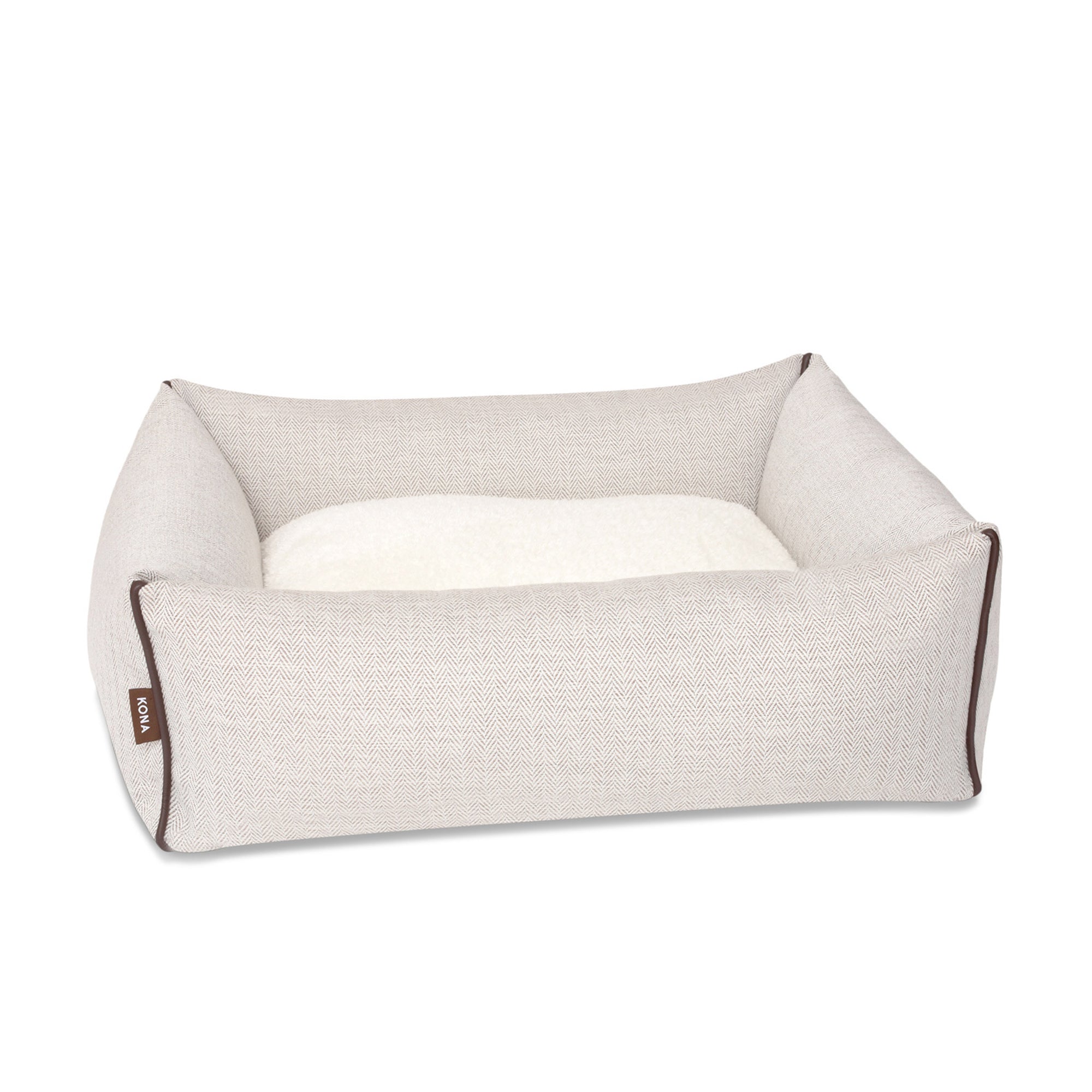 KONA CAVE® designer Snuggle Cave dog bed in cream herringbone fabric with removable cave cover.  