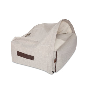 KONA CAVE® designer Snuggle Cave dog bed in cream herringbone fabric with leather trim.  Hund Höhlenbett.